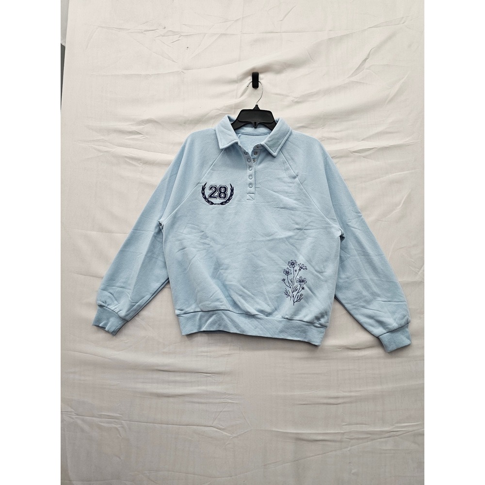 Zoe + Liv Womens Collared Pullover Sweatshirt Blue Cotton Blend Graphic Size XXS